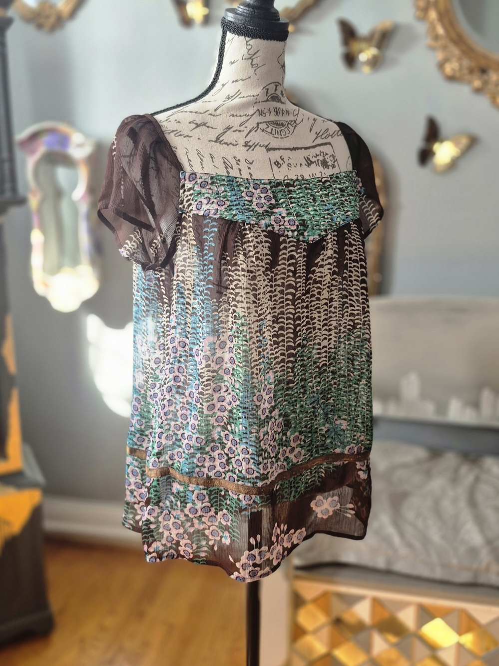 Boho Floral Sheer Square-Neck Women’s Top in Brown and Teal - Picture 2 of 7